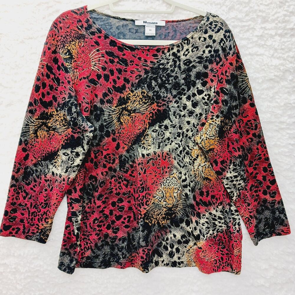 T-Shirt Women Animal Print Tiger Leopard Metallic Alt Mob Wife Bold Glam Size 2X